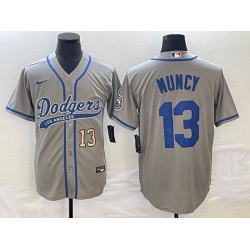 Men's Los Angeles Dodgers #13 Max Muncy Number Grey With Patch Cool Base Stitched Baseball Jersey