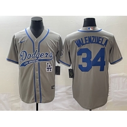 Men's Los Angeles Dodgers #34 Fernando Valenzuela Grey With Patch Cool Base Stitched Baseball Jersey