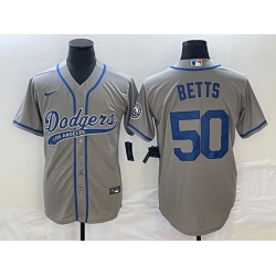 Men's Los Angeles Dodgers #50 Mookie Betts Grey With Patch Cool Base Stitched Baseball Jersey1