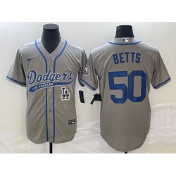 Men's Los Angeles Dodgers #50 Mookie Betts Grey With Patch Cool Base Stitched Baseball Jersey