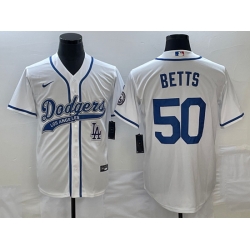 Men's Los Angeles Dodgers #50 Mookie Betts White With Patch Cool Base Stitched Baseball Jersey1