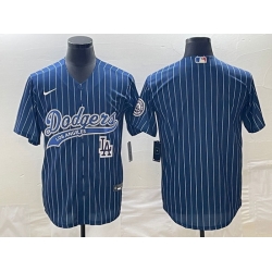 Men's Los Angeles Dodgers Blue Pinstripe Blank With Patch Cool Base Stitched Baseball Jersey