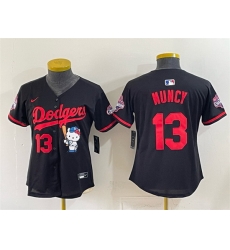 Women Los Angeles Dodgers 13 Max Muncy Black Hello Kitty Night 2025 World Series Champions Patch Stitched Baseball Jersey Women Los Angeles Dodgers 13 Max Muncy Black Hello Kitty Night 2025 World Series Champions Patch Stitched Baseball Jersey