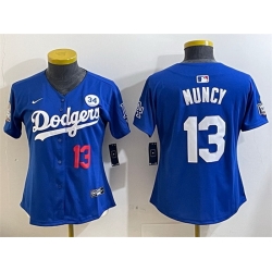 Women Los Angeles Dodgers 13 Max Muncy Royal 2024 World Series With No  34 Patch Alternate Limited Stitched Baseball Jersey 