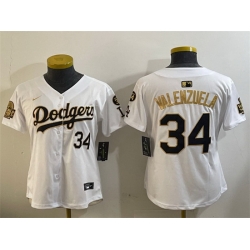 Women Los Angeles Dodgers 34 Toro Valenzuela White Gold 2024 World Series With Fernando Memorial Patch Home Limited Stitched Baseball Jersey 