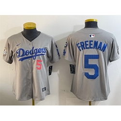 Women Los Angeles Dodgers 5 Freddie Freeman Grey 2024 World Series With Fernando Memorial Patch Limited Stitched Baseball Jersey 28Run Small 29