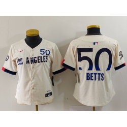 Women Los Angeles Dodgers 50 Mookie Betts Cream Stitched Jersey 2