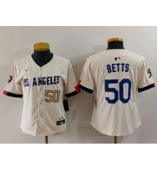 Women Los Angeles Dodgers 50 Mookie Betts Cream Stitched Jersey 3