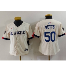 Women Los Angeles Dodgers 50 Mookie Betts Cream Stitched Jersey 6