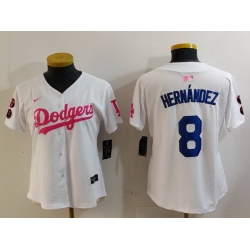 Women Los Angeles Dodgers 8 Kik E9 Hernandez White Pink Vin  26 Kobe Patch Stitched Baseball Jersey