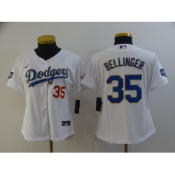 Women Los Angeles Dodgers Cody Bellinger 35 Championship Gold Trim White Limited All Stitched Flex Base Jersey