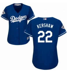 Womens Majestic Los Angeles Dodgers 22 Clayton Kershaw Replica Royal Blue Alternate 2017 World Series Bound Cool Base MLB Jersey