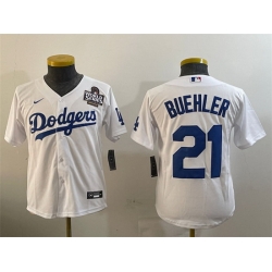 Youth Los Angeles Dodgers 21 Walker Buehler White 2024 World Series Cool Base Stitched Baseball Jersey