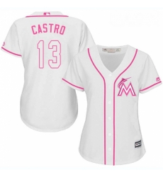 Womens Majestic Miami Marlins 13 Starlin Castro Authentic White Fashion Cool Base MLB Jersey 