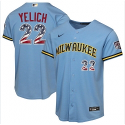 Men Milwaukee Brewers 22 Christian Yelich Blue 2026 USA 250 Fourth of July Home Stadium Stitched Baseball Jersey