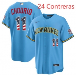 Men Milwaukee Brewers 24 William Contreras Blue 2026 USA 250 Fourth of July Home Stadium Stitched Baseball Jersey
