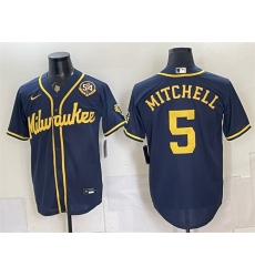 Men Milwaukee Brewers 5 Garrett Mitchell Navy With Home Bob Uecker Patch Limited Stitched Baseball Jersey Men Milwaukee Brewers 5 Garrett Mitchell Navy With Home Bob Uecker Patch Limited Stitched Baseball Jersey