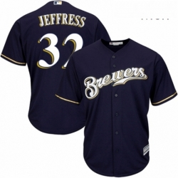 Mens Majestic Milwaukee Brewers 32 Jeremy Jeffress Replica Navy Blue Alternate Cool Base MLB Jersey 