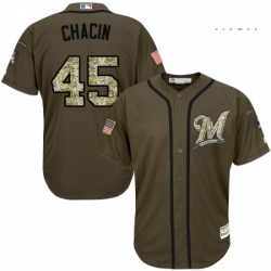 Mens Majestic Milwaukee Brewers 45 Jhoulys Chacin Authentic Green Salute to Service MLB Jersey 