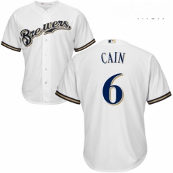 Mens Majestic Milwaukee Brewers 6 Lorenzo Cain Replica White Alternate Cool Base MLB Jersey 