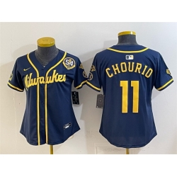 Women Milwaukee Brewers  11 Jackson Chourio Navy With Home   Bob Uecker Patch Limited Stitched Jersey  