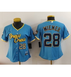 Women Milwaukee Brewers 28 Joey Wiemer Powder Blue City Connect Cool Base Stitched Jersey 2