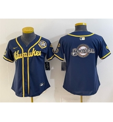 Women Milwaukee Brewers Team Big Logo Navy With Home   Bob Uecker Patch Limited Stitched Jersey  
