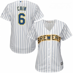 Womens Majestic Milwaukee Brewers 6 Lorenzo Cain Replica White Home Cool Base MLB Jersey 