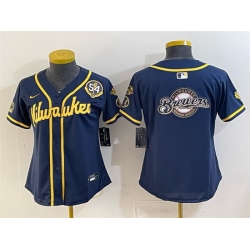 Youth Milwaukee Brewers Team Big Logo Navy With Home   Bob Uecker Patch Limited Stitched Jersey
