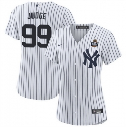 Women New York Yankees 99 Aaron Judge White 2024 World Series With Name Cool Base Stitched Baseball Jersey