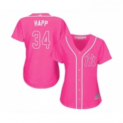 Womens New York Yankees 34 JA Happ Authentic Pink Fashion Cool Base Baseball Jersey 