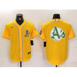 Men Oakland Athletics Yellow Team Big Logo Cool Base Stitched Baseball Jersey 3