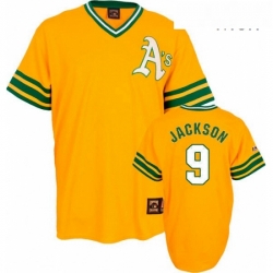 Mens Mitchell and Ness Oakland Athletics 9 Reggie Jackson Replica Gold Throwback MLB Jersey