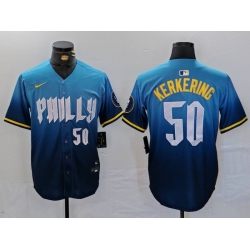 Men Philadelphia Phillies 50 Orion Kerkering Blue 2024 City Connect Limited Stitched Jersey 1