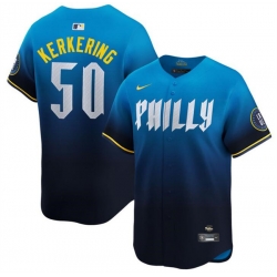Men Philadelphia Phillies 50 Orion Kerkering Blue 2024 City Connect Limited Stitched Jersey