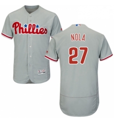 Mens Majestic Philadelphia Phillies 27 Aaron Nola Grey Road Flex Base Authentic Collection MLB Jersey