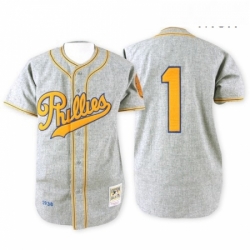 Mens Mitchell and Ness 1938 Philadelphia Phillies 1 Richie Ashburn Replica Grey Throwback MLB Jersey