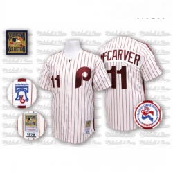 Mens Mitchell and Ness Philadelphia Phillies 11 Tim McCarver Replica WhiteRed Strip Throwback MLB Jersey