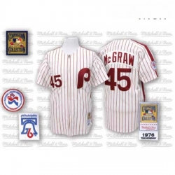 Mens Mitchell and Ness Philadelphia Phillies 45 Tug McGraw Authentic WhiteRed Strip Throwback MLB Jersey