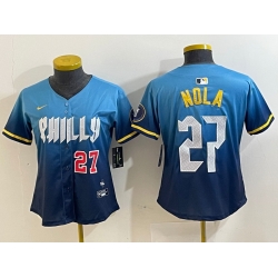 Women Philadelphia Phillies 27 Aaron Nola Blue 2024 City Connect Limited Stitched Baseball Jersey 2