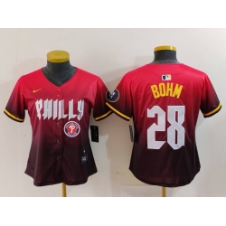 Women Philadelphia Phillies 28 Alec Bohm Red 2024 City Connect Limited Stitched Baseball Jersey 3