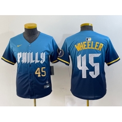 Youth Philadelphia Phillies 45 Zack Wheeler Blue 2024 City Connect Limited Stitched Baseball Jersey 4