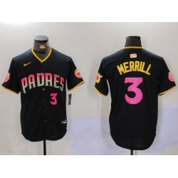 Men San Diego Padres 3 Jackson Merrill Black Cool Base Stitched Baseball Jersey 011