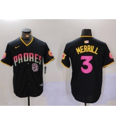 Men San Diego Padres 3 Jackson Merrill Black Cool Base Stitched Baseball Jersey 6