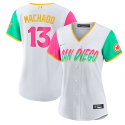 Women San Diego Padres 13 Manny Machado 2022 White City Connect Cool Base Stitched