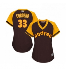 Womens San Diego Padres 33 Franchy Cordero Replica Brown Alternate Cooperstown Cool Base Baseball Jersey 