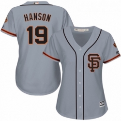 Womens Majestic San Francisco Giants 19 Alen Hanson Replica Grey Road 2 Cool Base MLB Jersey 