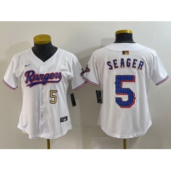 Women Texas Rangers 5 Corey Seager White Gold Stitched Baseball Jersey 1