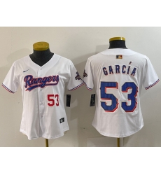 Women Texas Rangers 53 Adolis Garcia White Gold Stitched Baseball Jersey 1