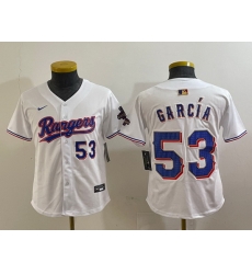 Youth Texas Rangers 53 Adolis Garcia White Gold Cool Base Stitched Baseball Jersey 1